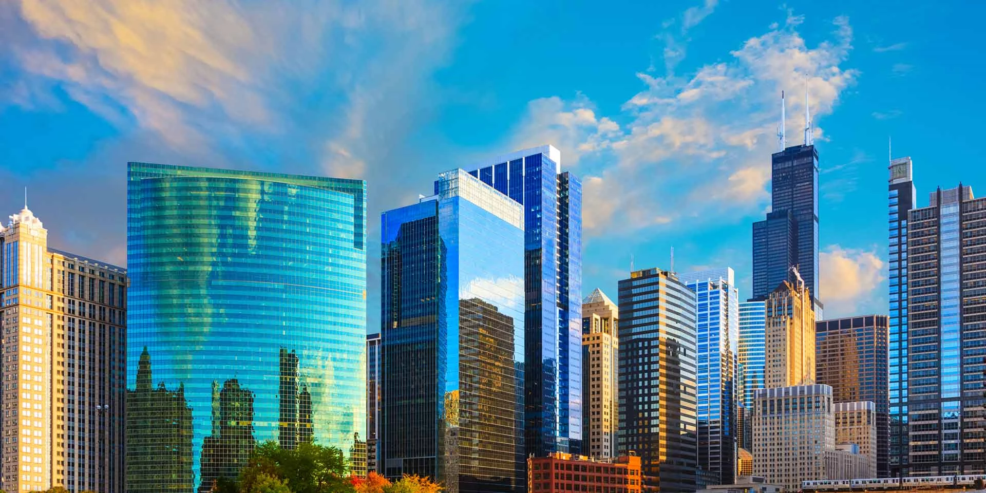 Downtown Chicago skyline showing many projects that have utilized commercial real estate loans and services